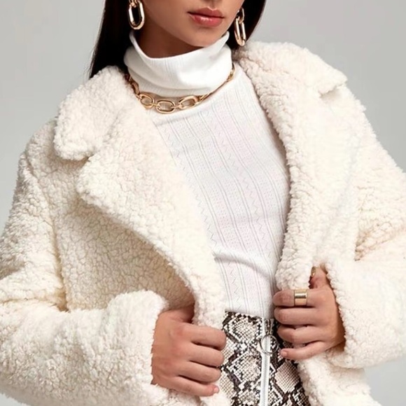 Size L Ivory BOHO lapel collar button front faux pockets lined plush Teddy coat - Picture 7 of 16